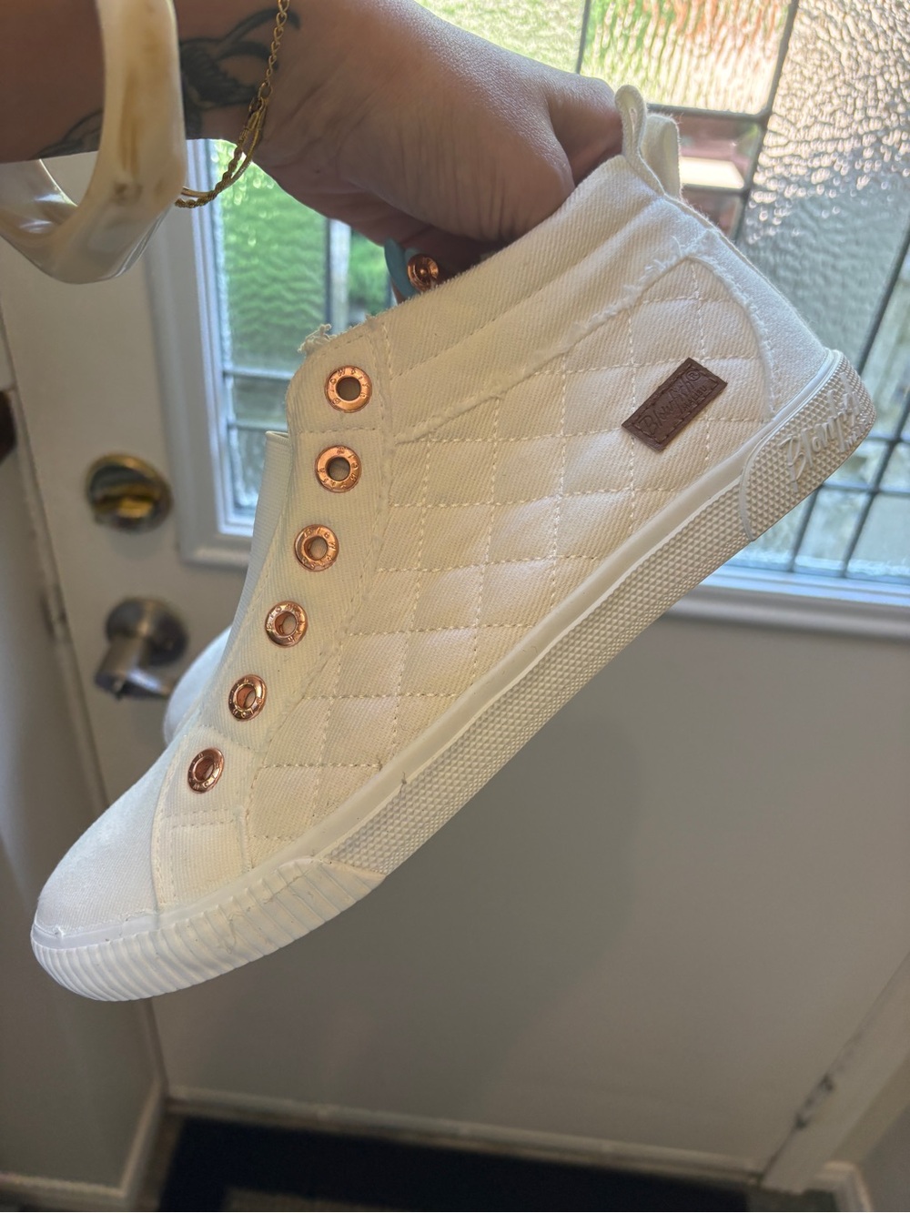 Blowfish White Quilted Slip-On Sneakers with Rose Gold Eyelets